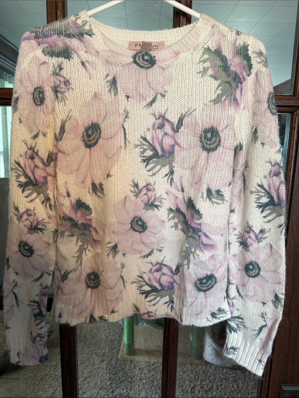 Philosophy Cream Crewneck Sweater with Pink Floral Print